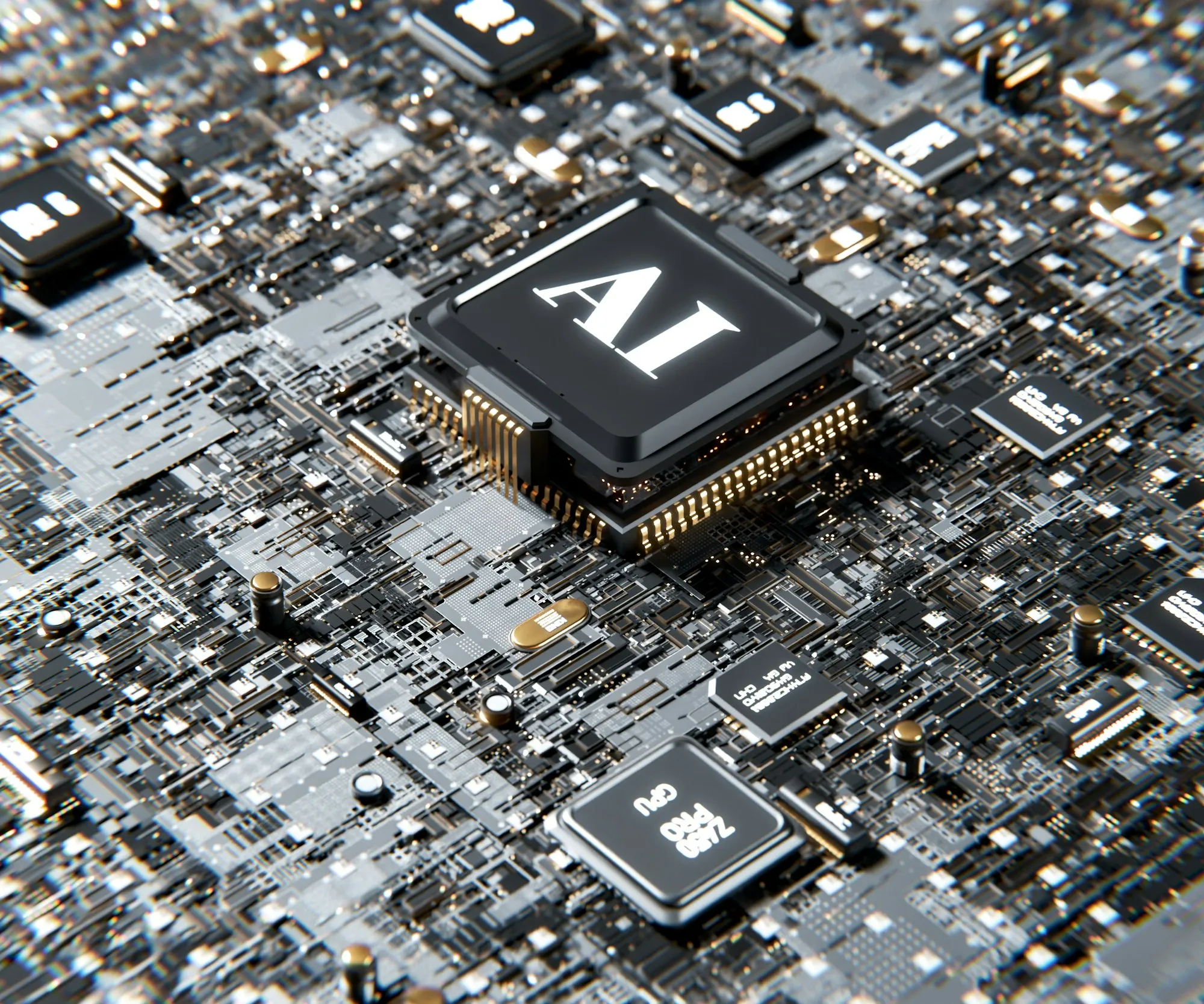 Chip de processador em placa de circuito, representando inteligência artificial aplicada a processos
