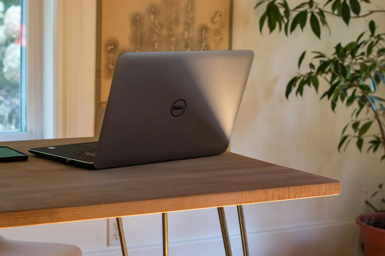 Notebook aberto sobre mesa de madeira ao lado de uma planta, em um escritório iluminado