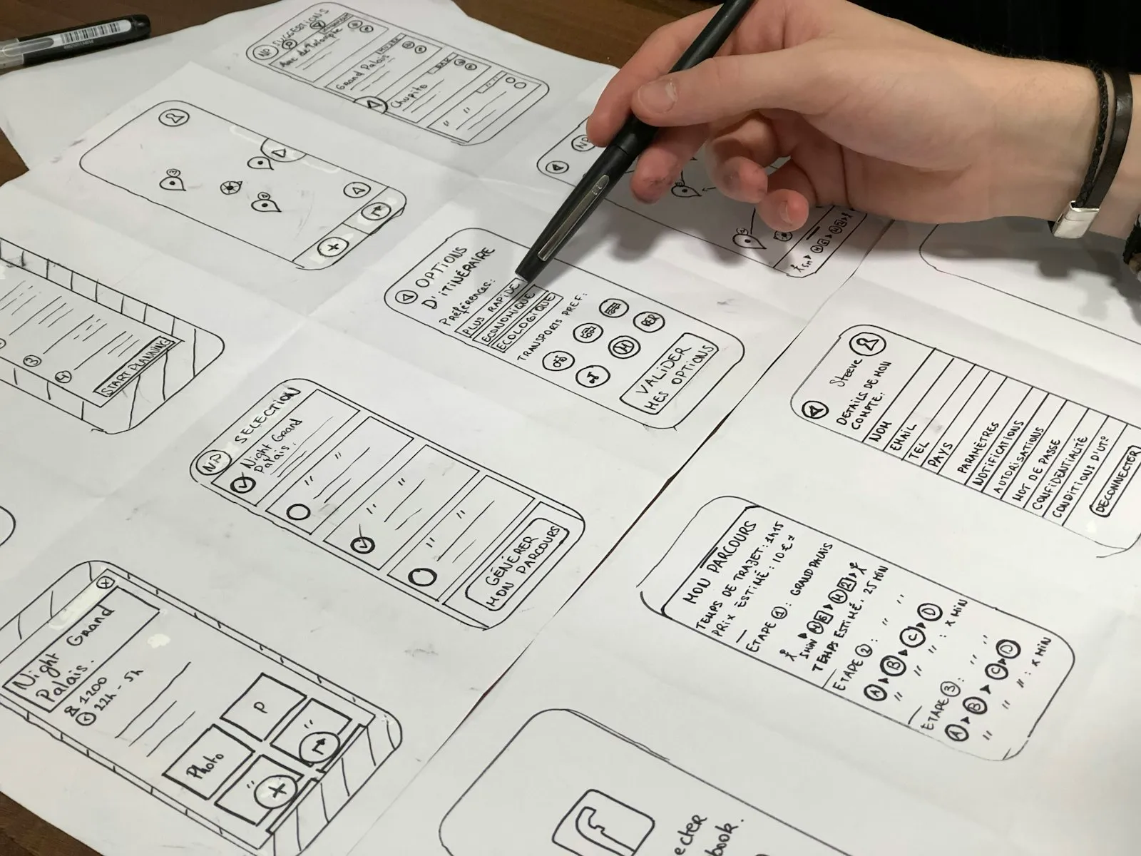 Mão desenhando wireframes de telas de um site em papel