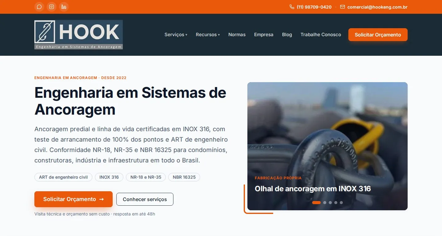 Página inicial do site Hook Engenharia